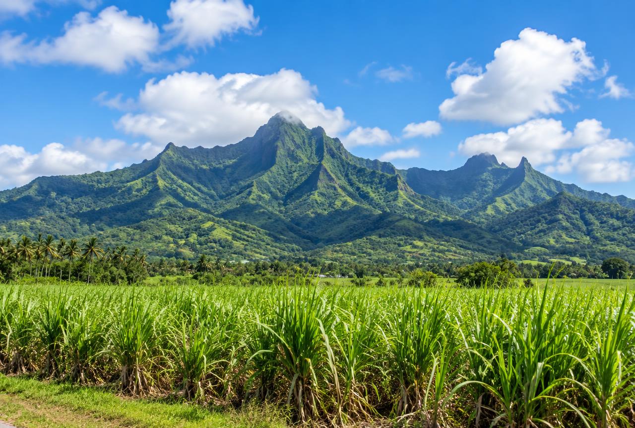 Green mountains above sugar cane fields under a blue sky
