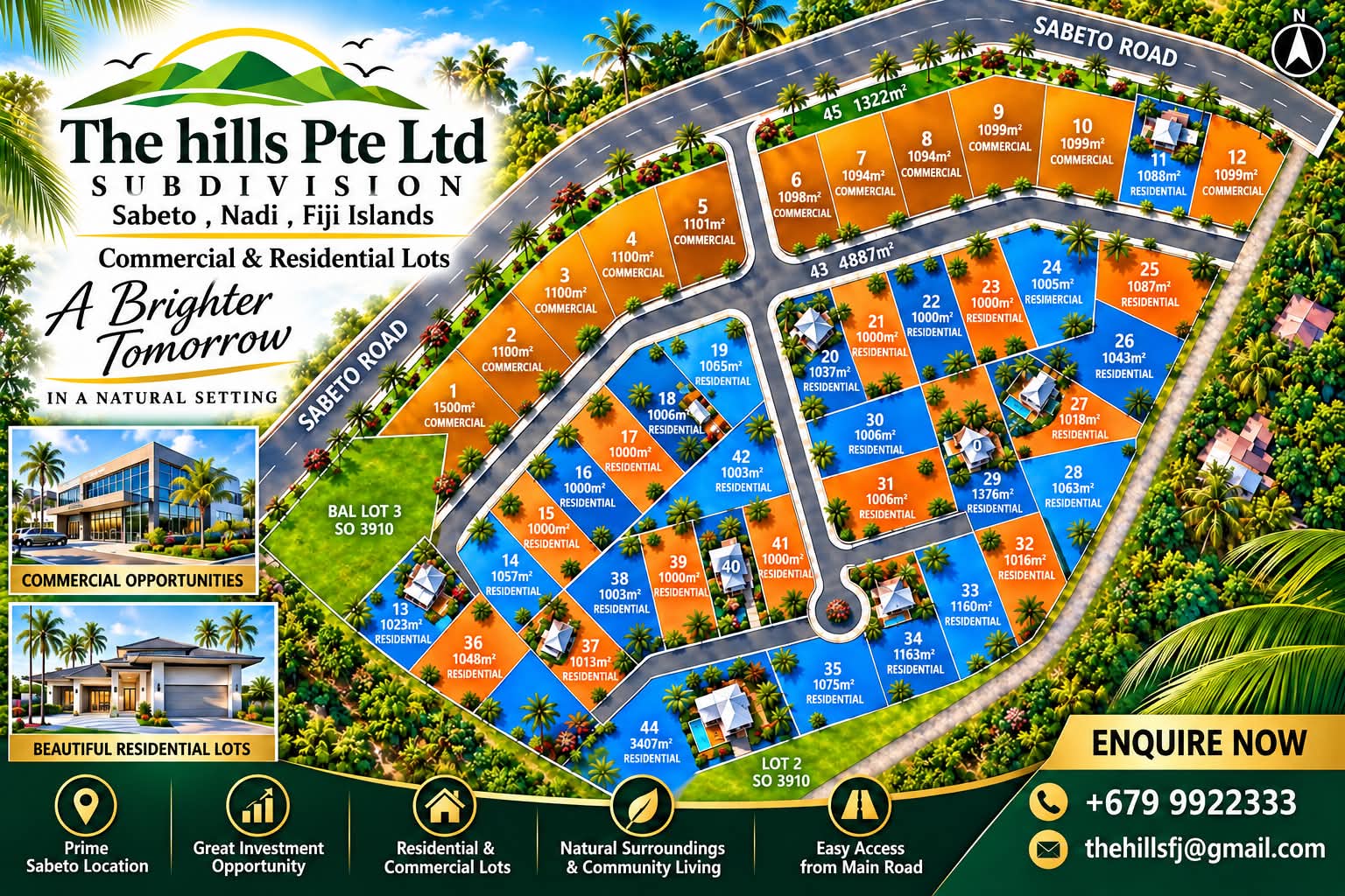The Hills subdivision plot plan with all 45 lots numbered, showing sizes and residential or commercial use, with Sabeto Road access